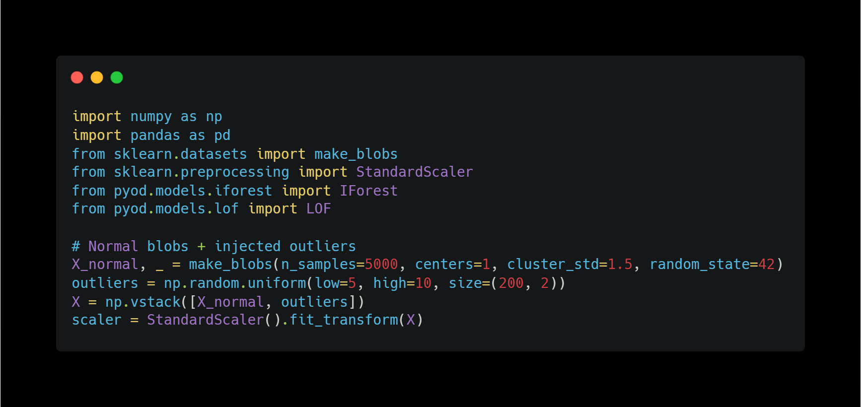 Python code preparing synthetic anomaly detection dataset with scikit-learn make_blobs and StandardScaler preprocessin